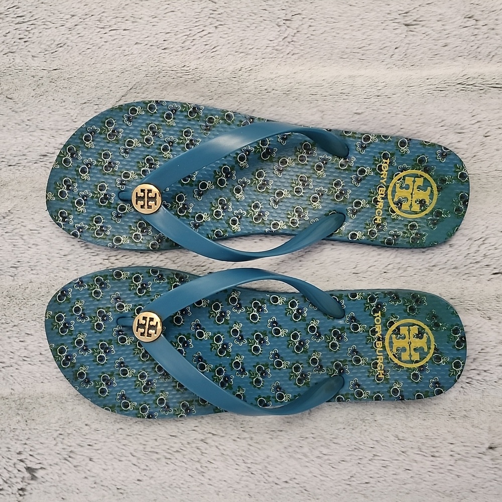 Tory Burch Rubber Emory logo flip flops Normady blue floral Size 11 Woman